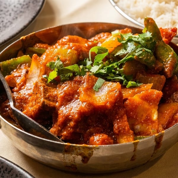 A close-up of a vibrant Indian curry with meat and vegetables, garnished with cilantro, in a brass bowl.