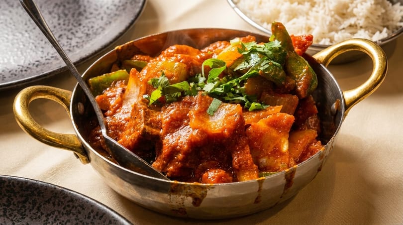 Indian curry with meat and vegetables in a brass bowl, with a spoon and rice in the background.