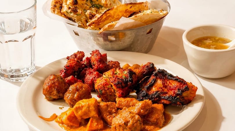A plate of various Indian dishes including tandoori chicken, meatballs, and curry, with naan and sauce.