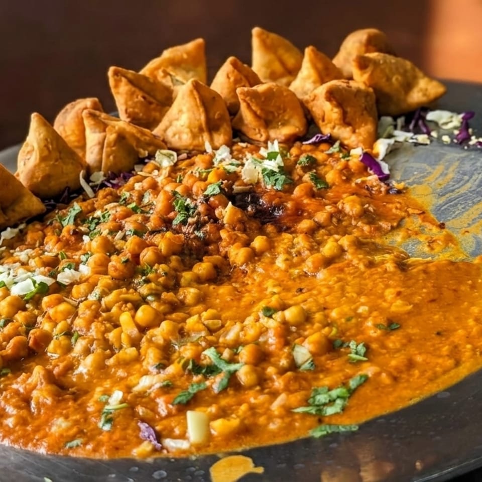 A large platter of chole samosa chaat, with chickpeas in gravy and crispy samosas.