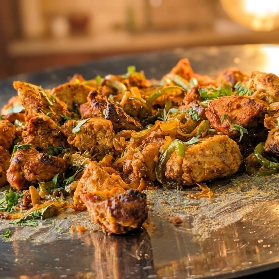 Indian chicken tikka with peppers and onions on a large metal platter from Aura Essence of India.