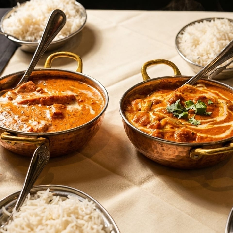 Table laden with various Indian curries in copper bowls and white rice in silver bowls.