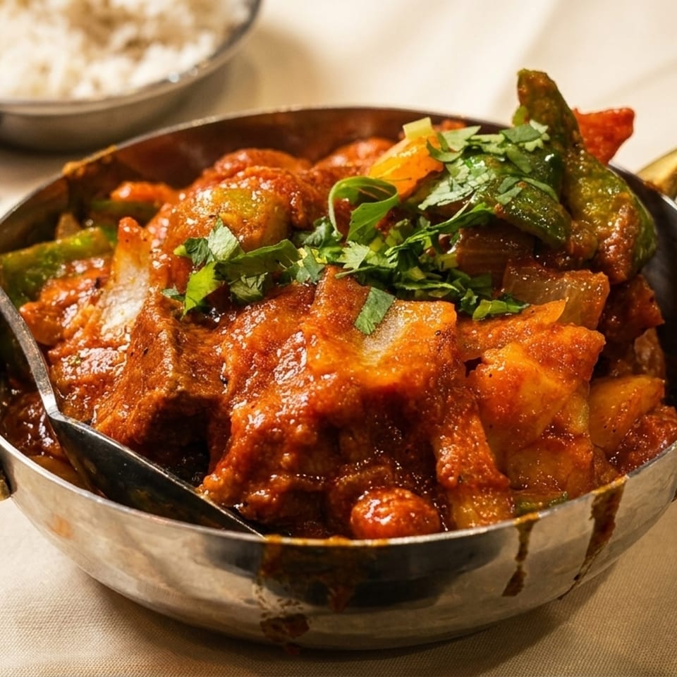 Close-up of a metal bowl filled with a rich, red curry, garnished with fresh cilantro.